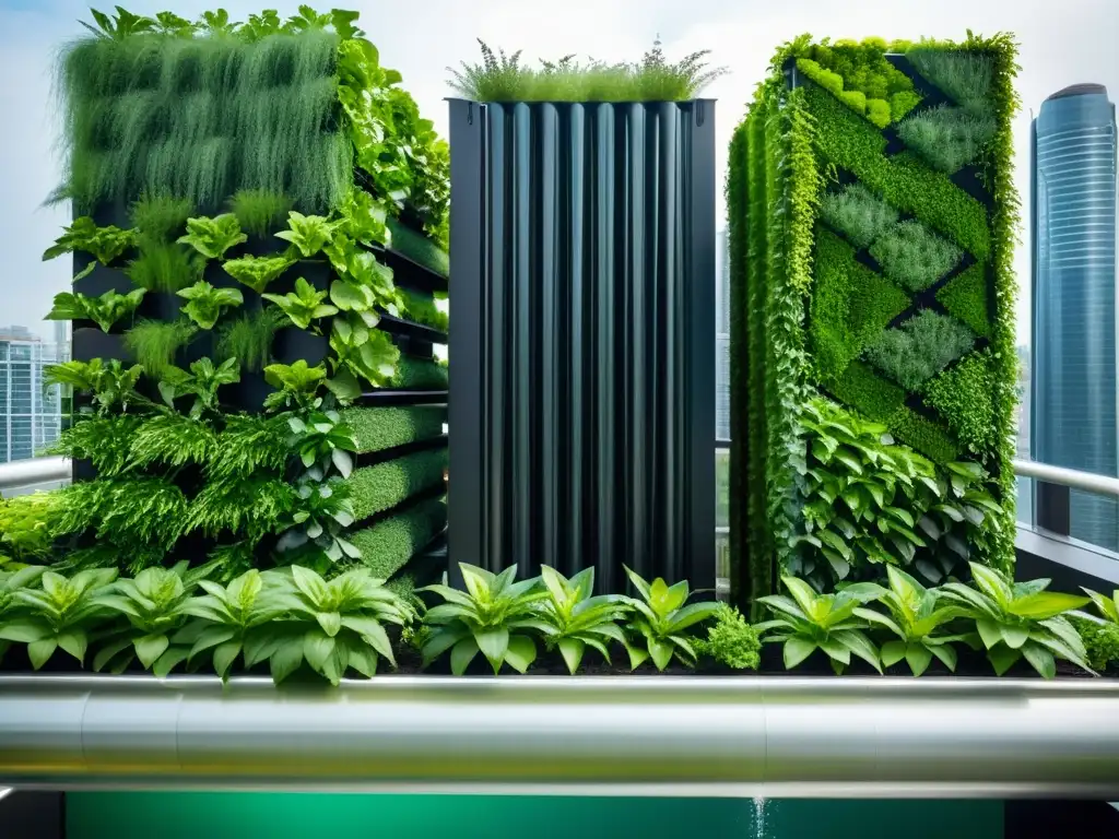 Sistemas de acuaponía en agricultura urbana: Jardín vertical futurista con vegetación exuberante y modernos edificios de fondo