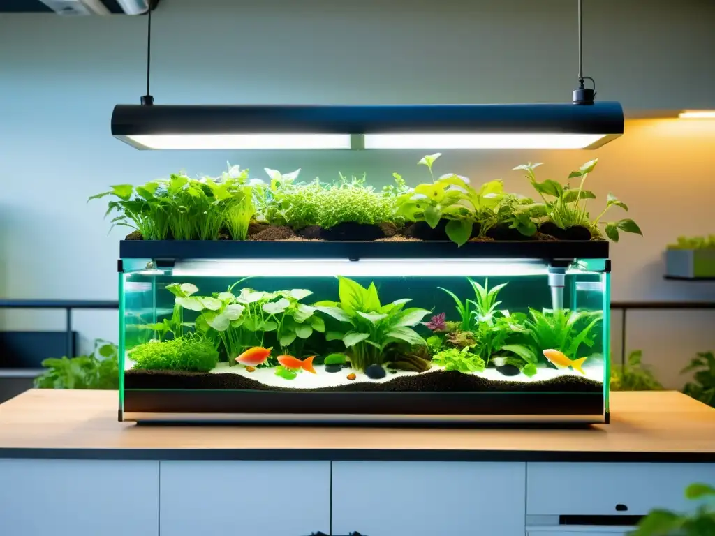 Sistemas de acuaponía como herramientas educativas urbanas: aula moderna con sistema acuapónico, estudiantes y plantas vibrantes