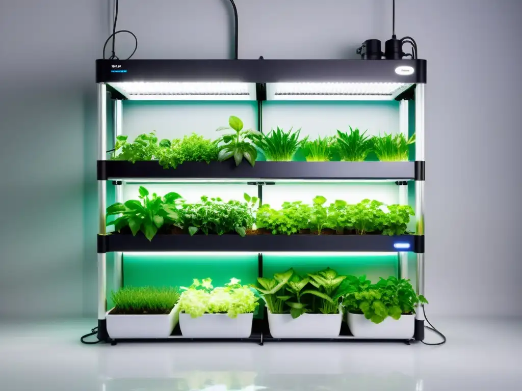 Sistemas de acuaponía en huertos verticales: innovación y sostenibilidad se fusionan en un diseño moderno con luces LED iluminando plantas y peceras