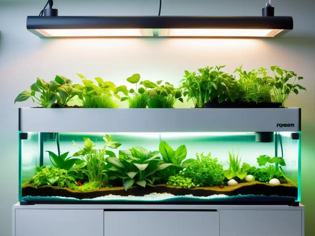 Sistema de acuaponía moderno: peces y vegetales en armonía Sistemas de acuaponía para pescados: Moderno sistema con peceras elegantes y huertos verticales llenos de vegetación exuberante, en un entorno minimalista y futurista