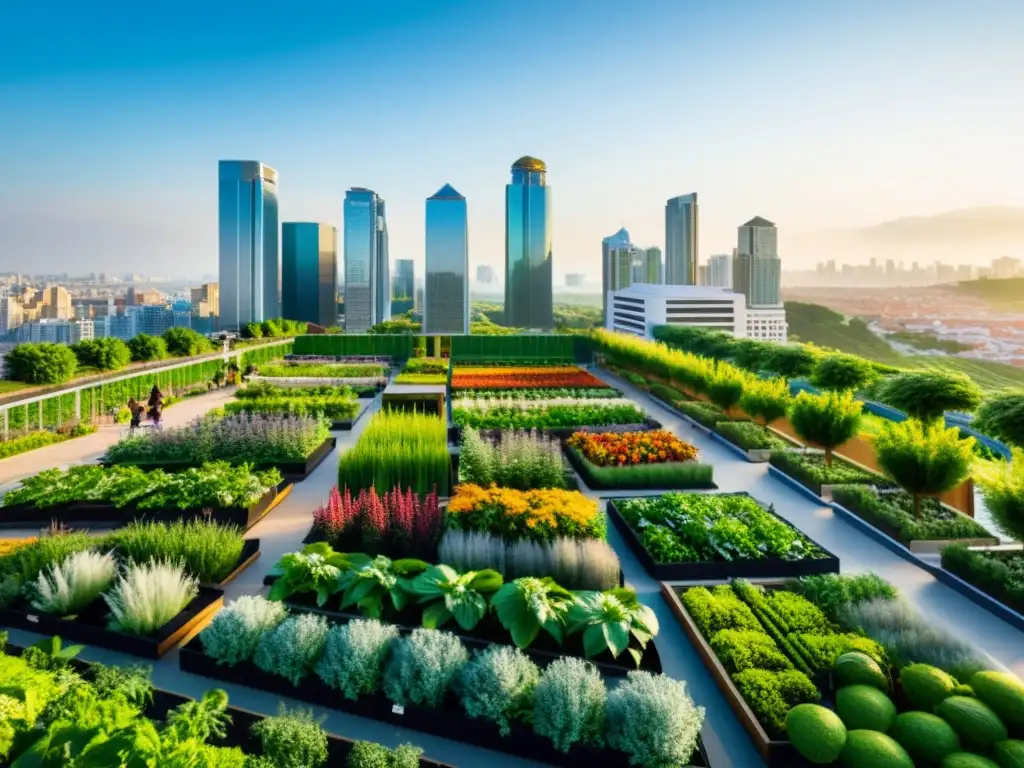 Skyline de ciudad moderna con jardines en azoteas y espacios verdes integrados, simbolizando el potencial de apoyo financiero para agricultura urbana