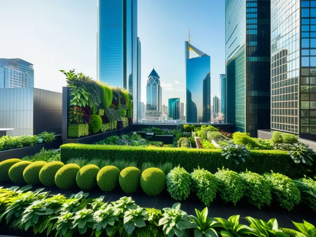 Skyline urbano moderno con huertos verticales verdes, impacto positivo en la ciudad