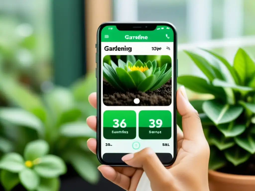 Un smartphone muestra una app amigable para jardinería vertical