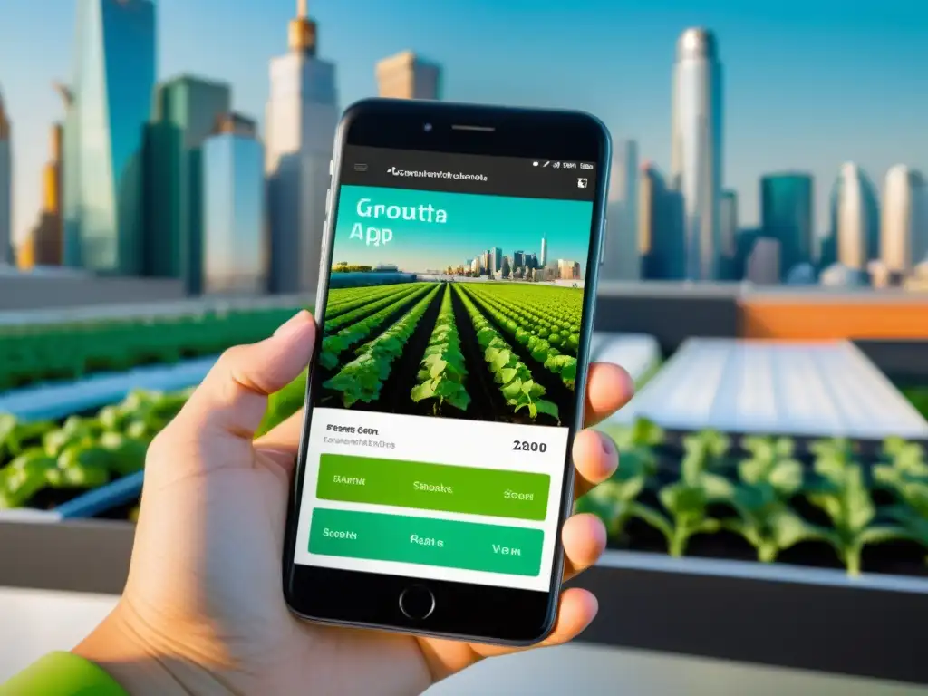 Un smartphone muestra una app para cultivos urbanos con perfiles de plantas detallados y herramientas de seguimiento