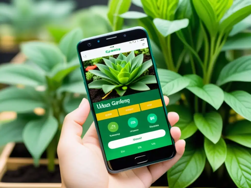 Un smartphone muestra una app para huertos urbanos conectados con ilustraciones vibrantes de plantas y consejos personalizados