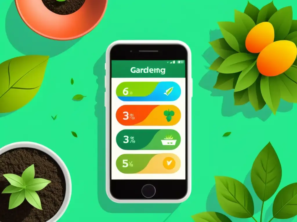 Un smartphone muestra una app para optimizar recursos en huertos con colores vibrantes y plantas exuberantes en el fondo