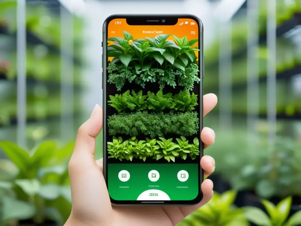 Un smartphone muestra una app para jardín vertical con diseño sofisticado