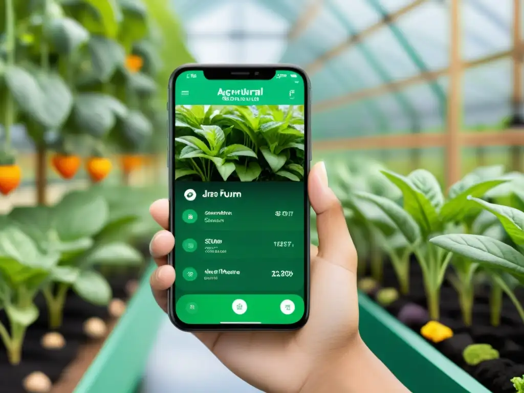 Un smartphone moderno muestra una app agrícola con información detallada y un foro comunitario, junto a un huerto vertical exuberante