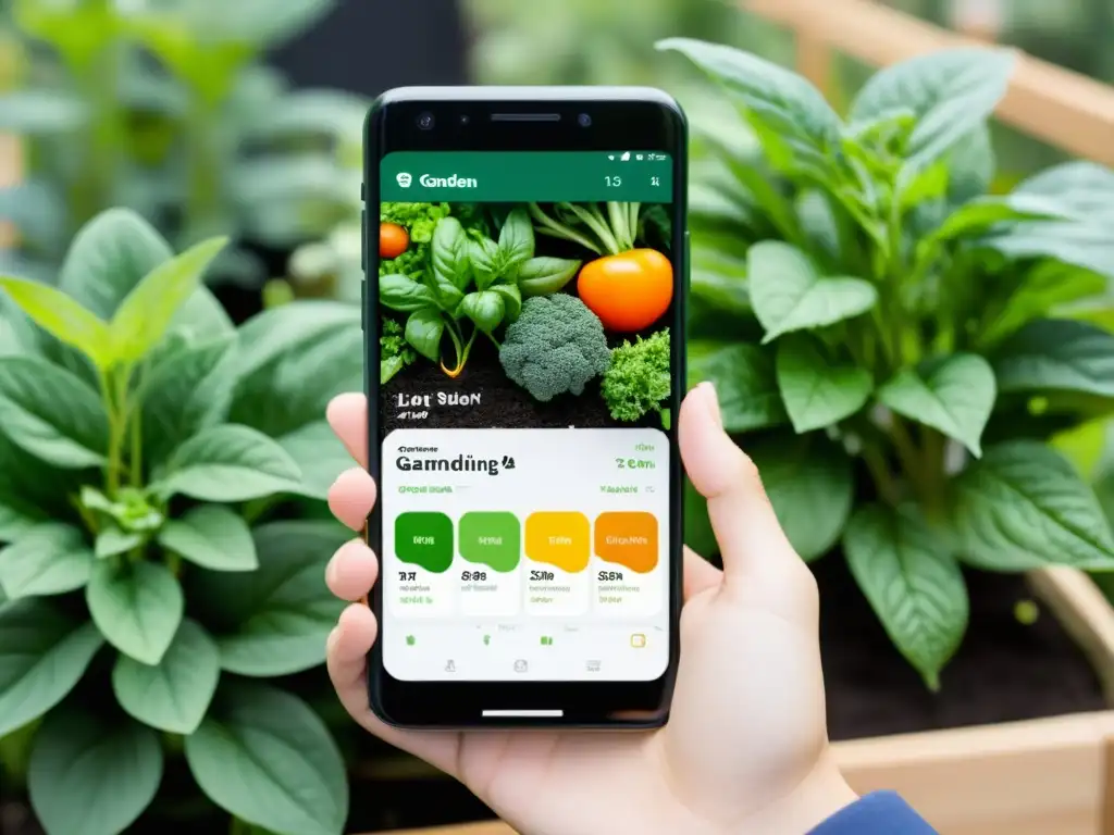 Un smartphone moderno en un huerto urbano vibrante, con una app para huertos urbanos conectados en su pantalla