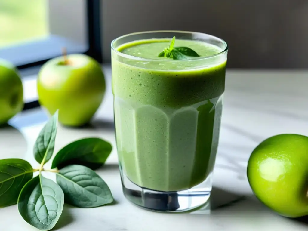 Un smoothie verde con espinacas en un elegante vaso de vidrio sobre una encimera de mármol, rodeado de ingredientes frescos