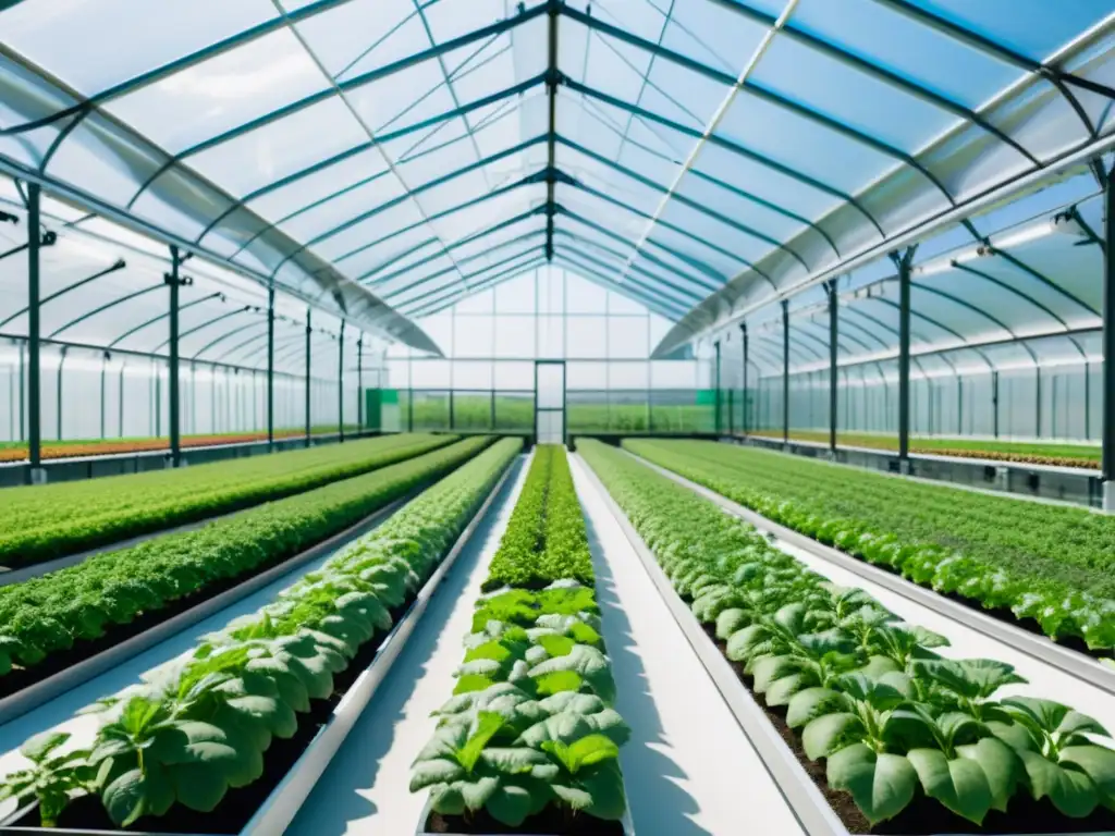 Soluciones automatizadas control climático cultivos urbanos en un invernadero futurista lleno de vegetación exuberante y tecnología avanzada