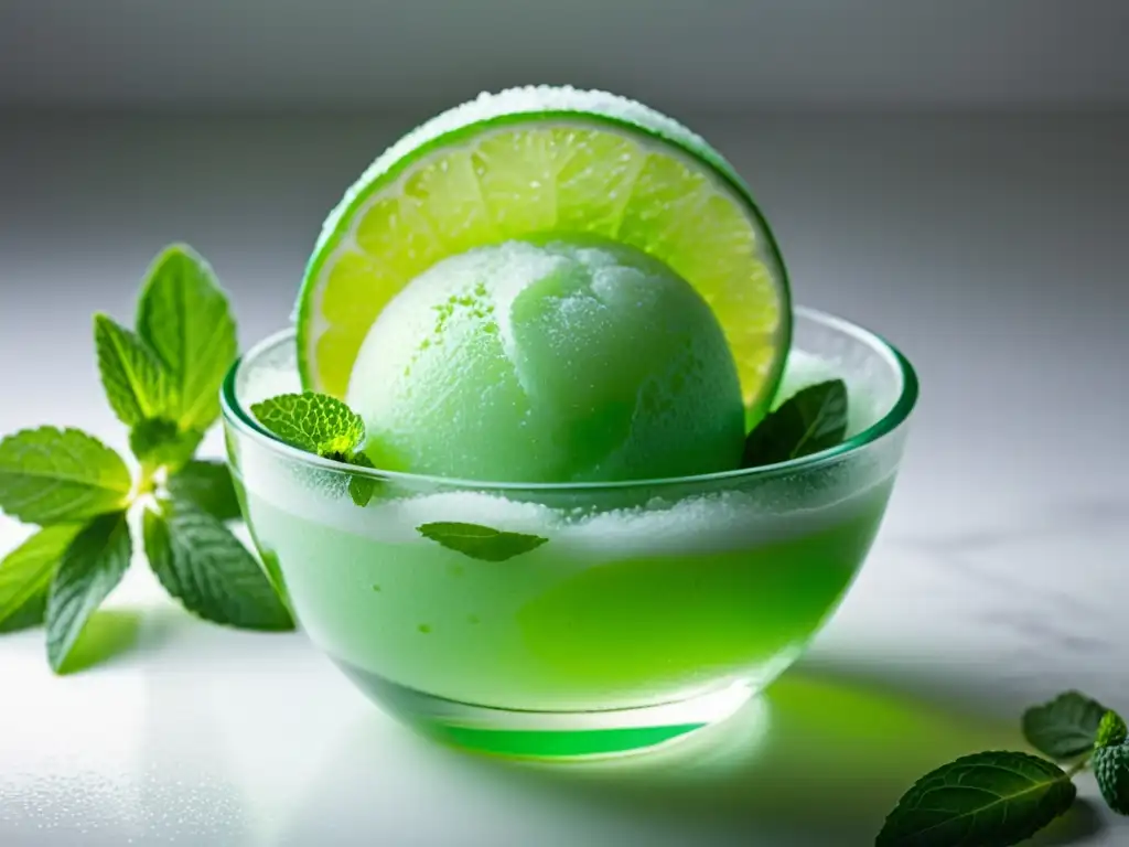 Sorbet de lima y menta en un tazón de cristal, reflejando la luz