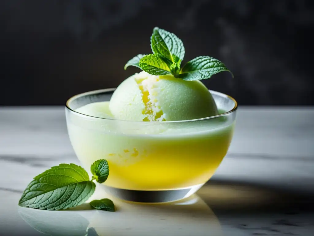 Un sorbete de limón y menta refrescante en un elegante bol de cristal sobre una encimera de mármol, bañado por luz natural