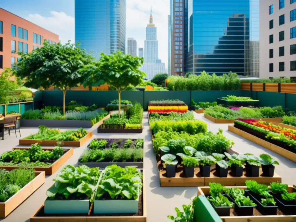 Una sorprendente imagen de un jardín comunitario en el corazón de la bulliciosa ciudad urbana, destacando la diversidad de frutas, vegetales y hierbas