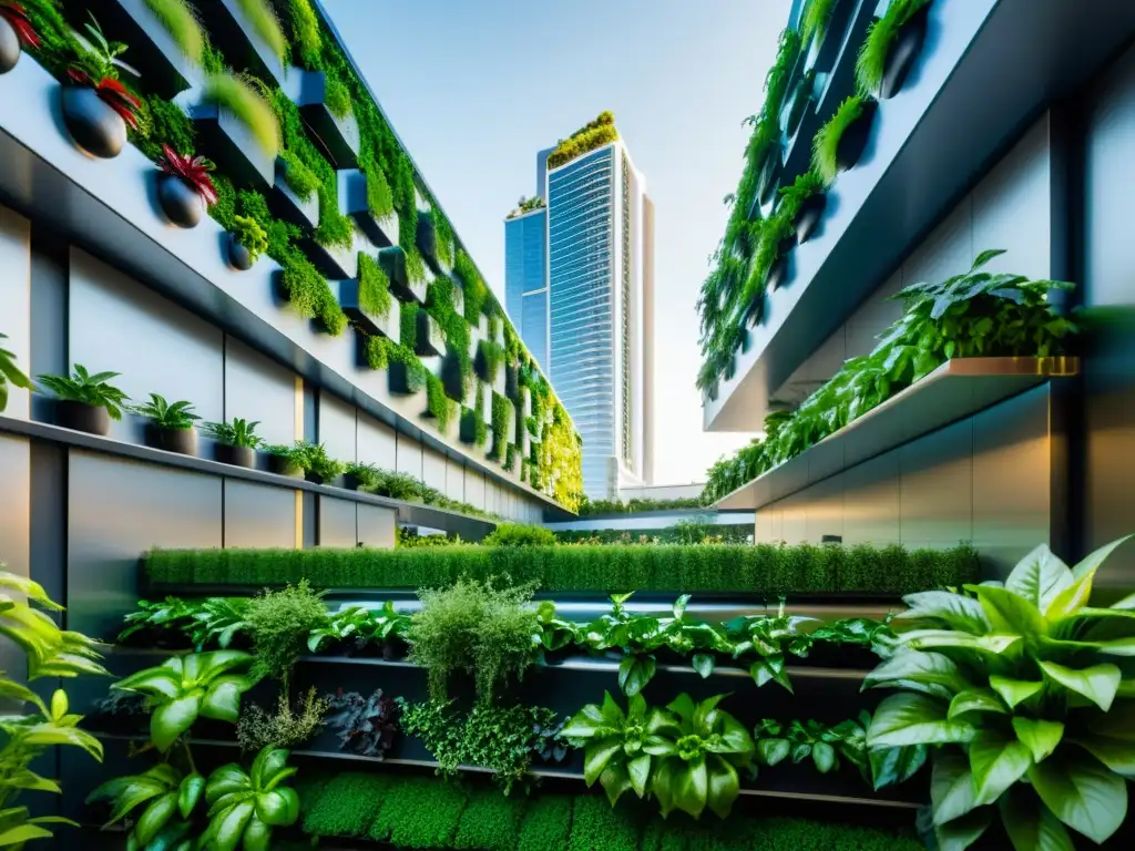 Sorprendente jardín vertical futurista con sistemas de acuaponía en agricultura urbana, en contraste con modernos edificios de alta tecnología