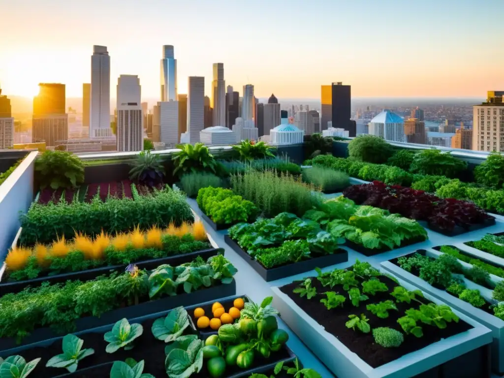 Innovación agrícola sostenible en ciudad: huerto urbano exuberante con vegetales y frutas coloridas, agricultura colaborativa al atardecer