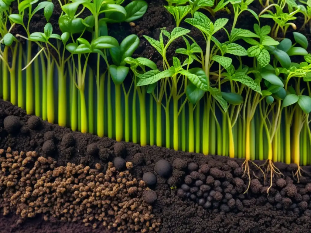 Un suelo fértil y oscuro rebosante de microorganismos vibrantes y saludables, entrelazados con las raíces de plantas en un huerto vertical