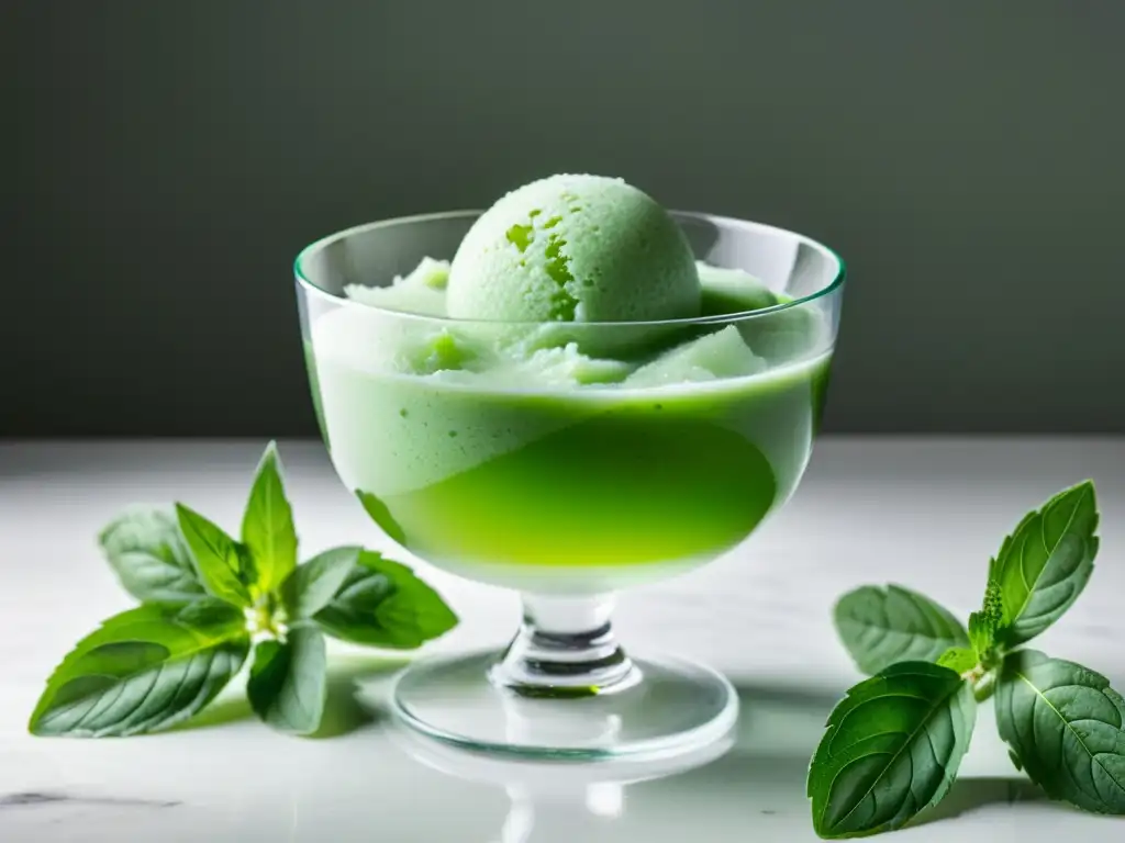 Suntuoso postre de sorbete de albahaca y menta en bol de cristal