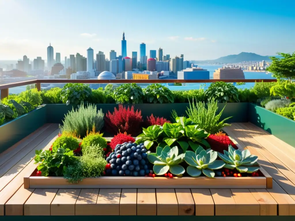 Producción de superfoods en terraza: Jardín exuberante con plantas de gran colorido y la ciudad al fondo