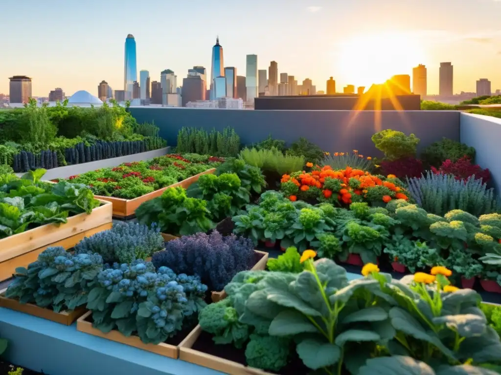 Producción de superfoods en terraza: Un exuberante jardín urbano al atardecer, lleno de plantas vibrantes y abejas revoloteando entre flores