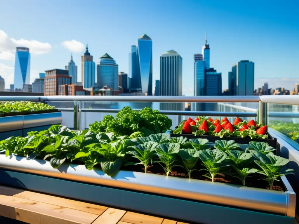 Producción de superfoods en terraza: Jardín urbano con plantas verticales y sistemas acuapónicos, bañado por cálida luz solar y skyline de ciudad moderna