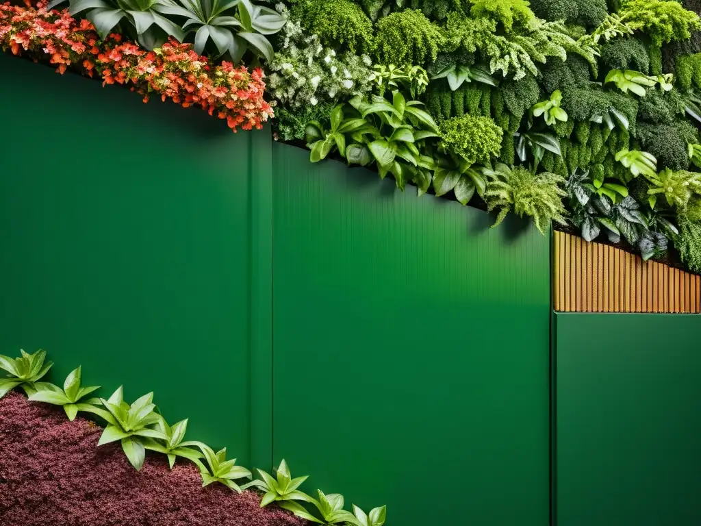 Sustratos para huertos verticales urbanos: imagen de jardín vertical urbano con plantas exuberantes en diferentes sustratos