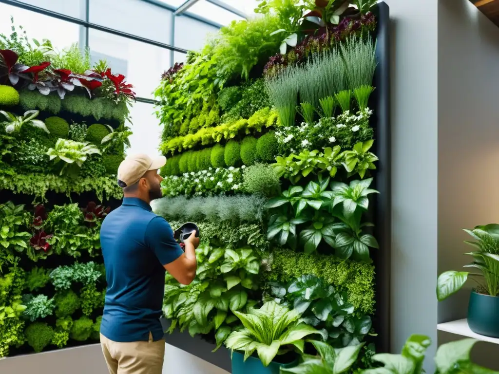 Taller de manejo y mantenimiento de huertos verticales en entorno urbano moderno con jardineros cuidando plantas exuberantes