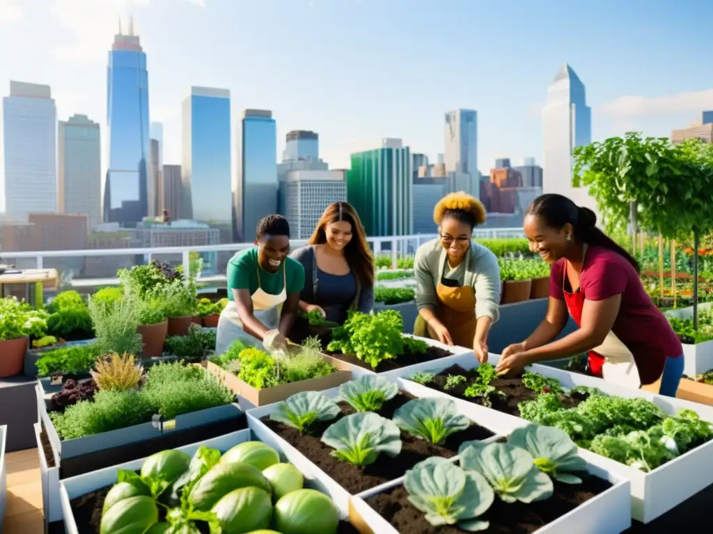 Talleres de agricultura urbana: participación ciudadana en un vibrante jardín en la azotea, con entusiastas cuidando plantas y aprendiendo juntos