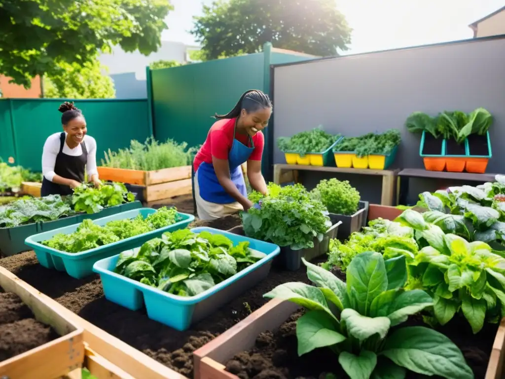 Talleres de agricultura urbana: comunidad diversa cuidando un jardín vibrante en la ciudad, cosechando frutas y verduras