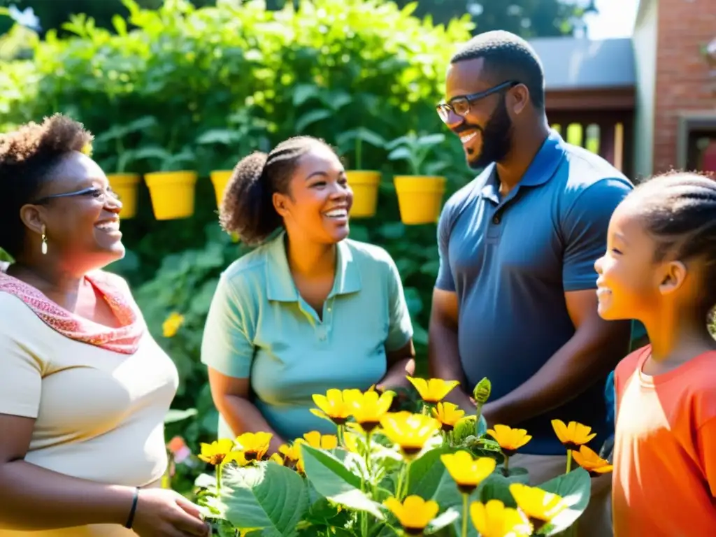 Talleres educación ambiental polinización comunidades urbanas: Grupo disfruta de jardín vibrante, aprendiendo sobre la importancia de la polinización