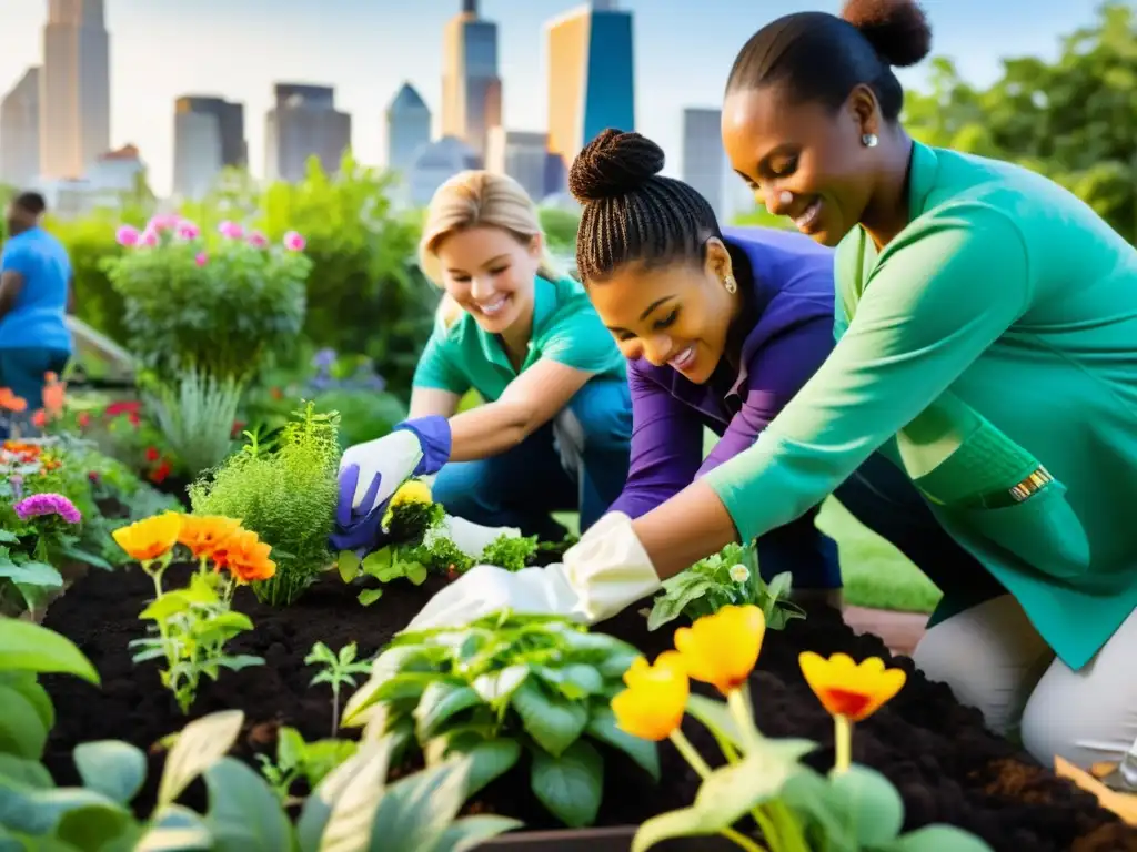 Talleres agricultura urbana voluntarios cuidando juntos un jardín urbano colorido y vibrante, rodeados de naturaleza exuberante y edificios altos