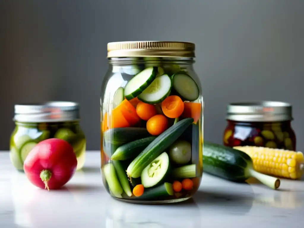 Un tarro de cristal lleno de vegetales encurtidos de colores vibrantes, listos para disfrutar en recetas de pickles de huertos verticales