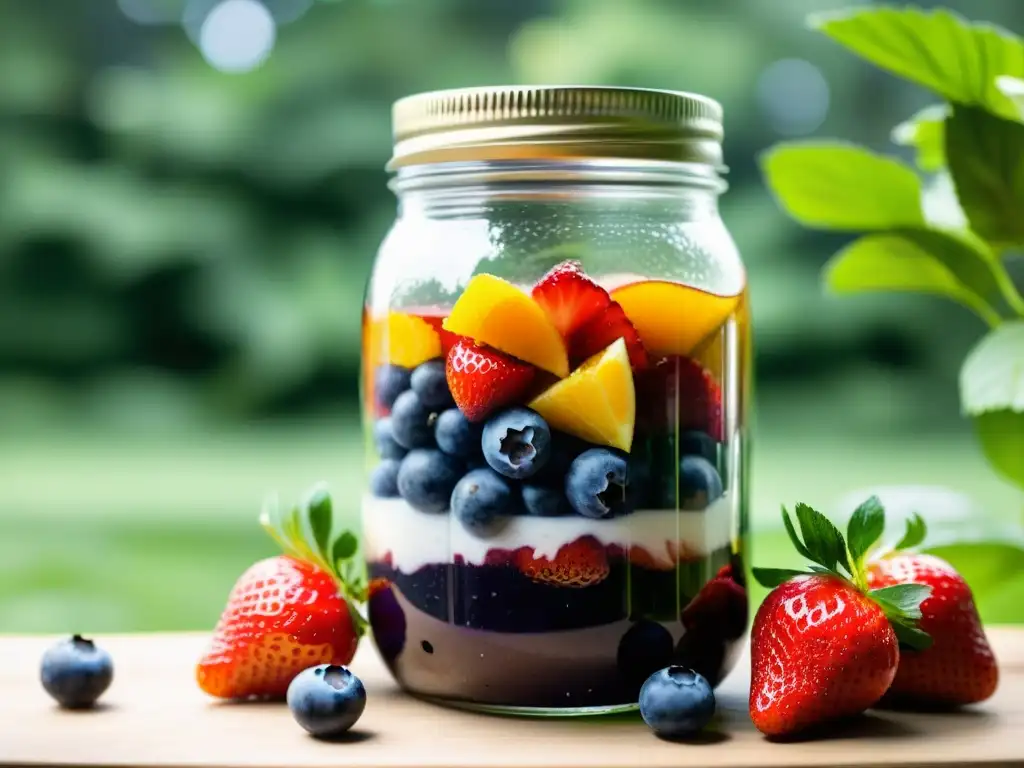 Un tarro de cristal repleto de frutas fermentadas en huertos verticales, rodeado de burbujas y frutas vibrantes