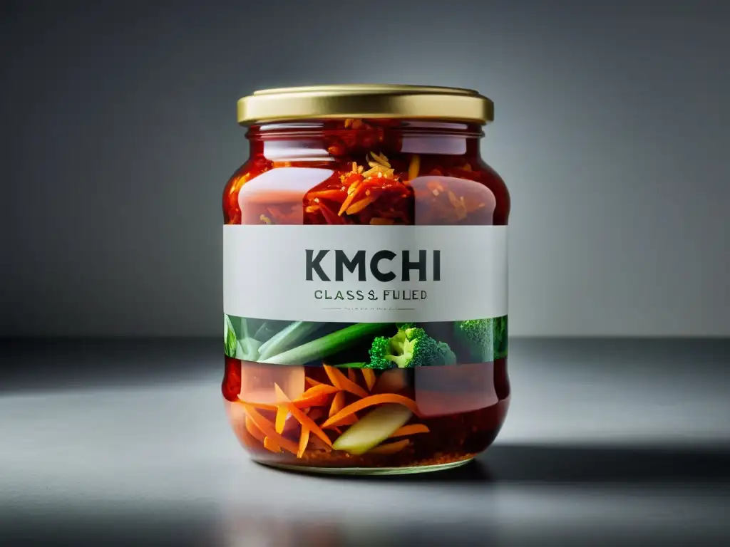 Un tarro de kimchi casero de repollo de acuaponía con colores vibrantes y una etiqueta elegante