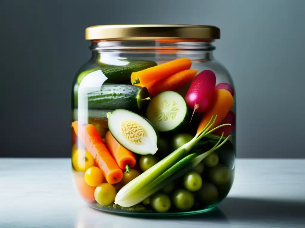 Un tarro moderno de pickles de huertos verticales con vegetales vibrantes en una cocina contemporánea