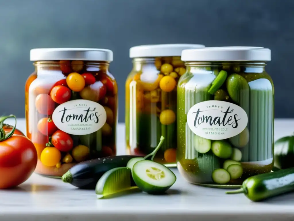 Tarros de conservas caseras de tomates y pepinos urbanos, rodeados de hierbas frescas y especias, en una cocina moderna y minimalista