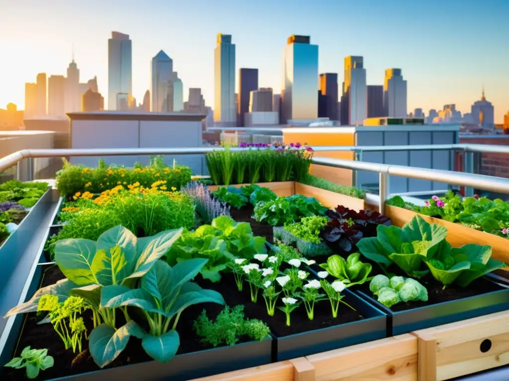 Un jardín de techo urbano vibrante y moderno, lleno de verduras verdes exuberantes y flores coloridas, con un sistema de acuaponía integrado