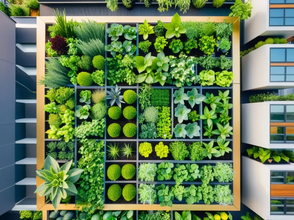 Técnicas avanzadas de huertos en techos urbanos: un jardín urbano próspero y vibrante con verduras y plantas, contrastando con la ciudad moderna