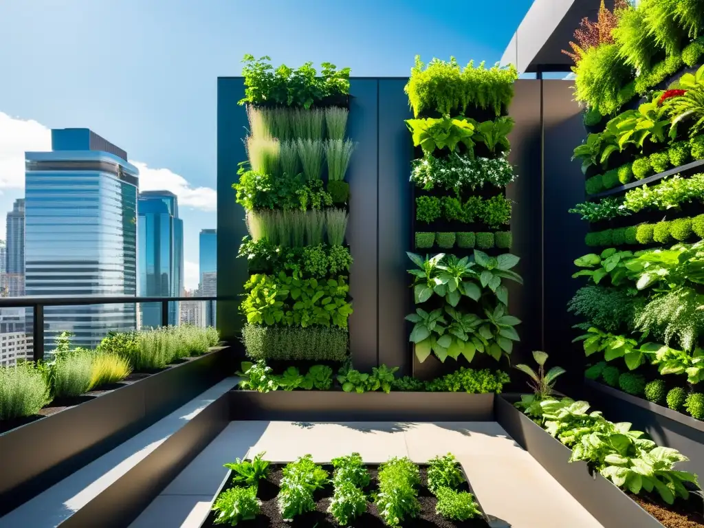 Técnicas para preservar cosechas verticales en un jardín urbano moderno con exuberante vegetación y diseño innovador