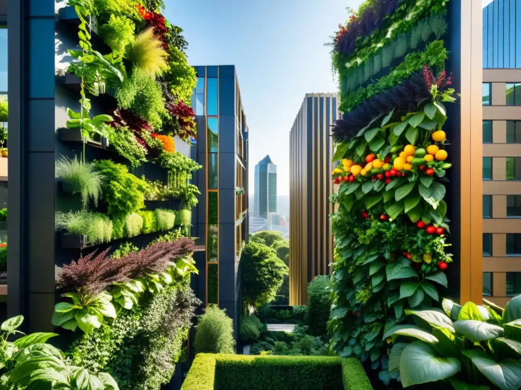 Técnicas de paisajismo comestible urbano: Jardines verticales con vegetación exuberante en contraste con la arquitectura urbana moderna