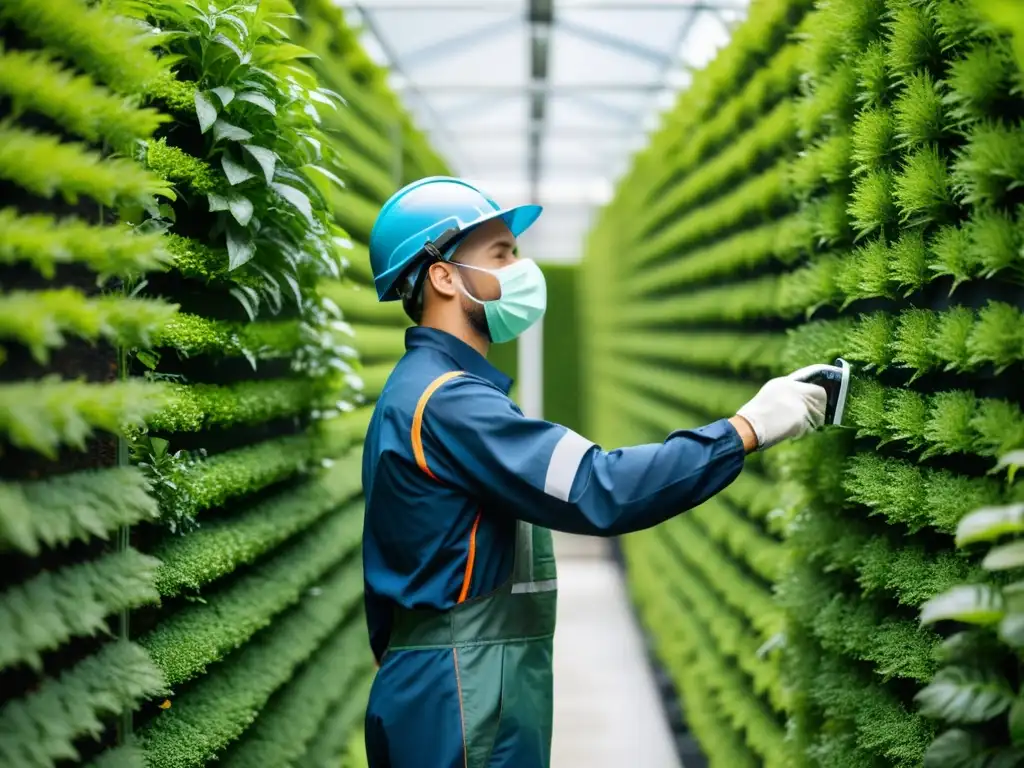 Un técnico realiza mantenimiento en un huerto vertical automatizado, rodeado de exuberante vegetación