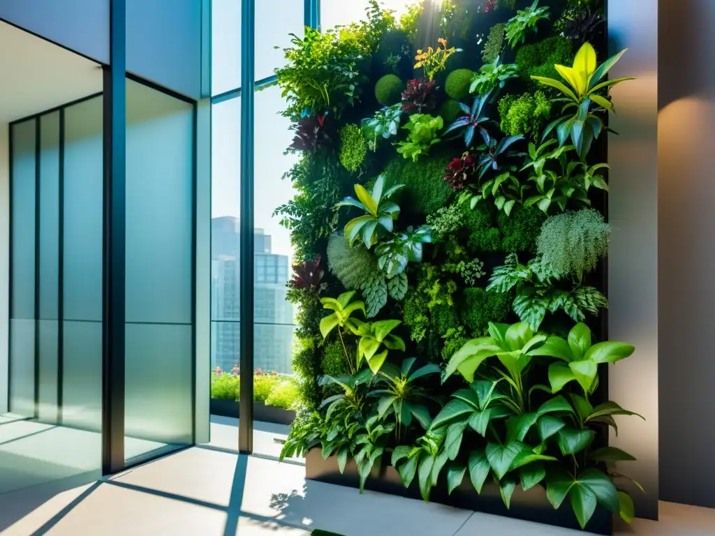 Tecnología en huertos verticales automatizados: jardín urbano futurista bañado en luz natural, con plantas exuberantes y arquitectura urbana de fondo