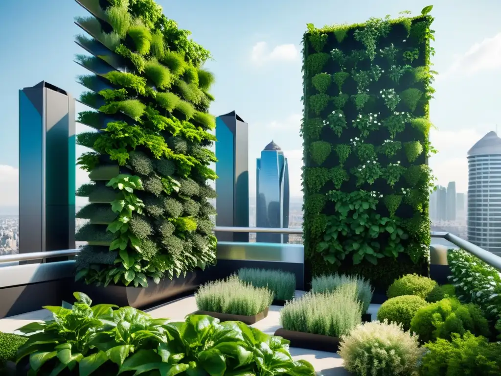 Tecnología en huertos verticales automatizados: jardín vertical futurista con plantas verdes vibrantes y moderno paisaje urbano