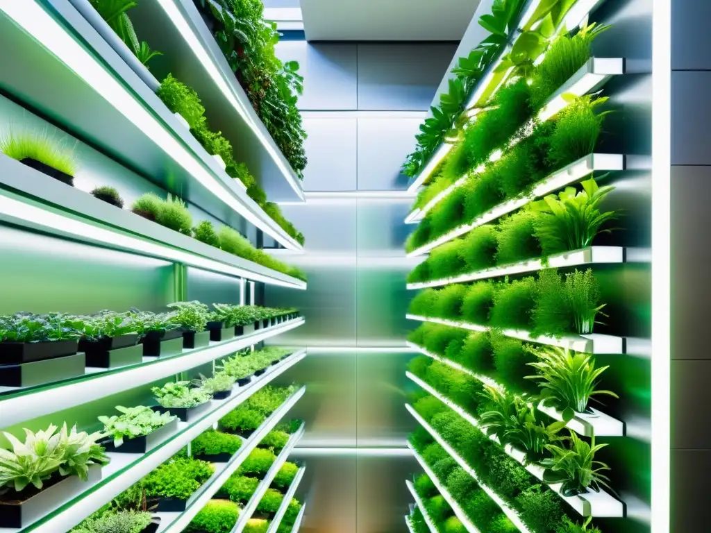 Tecnología en huertos verticales automatizados: Jardín vertical automatizado con plantas verdes vibrantes iluminadas por luces LED futuristas