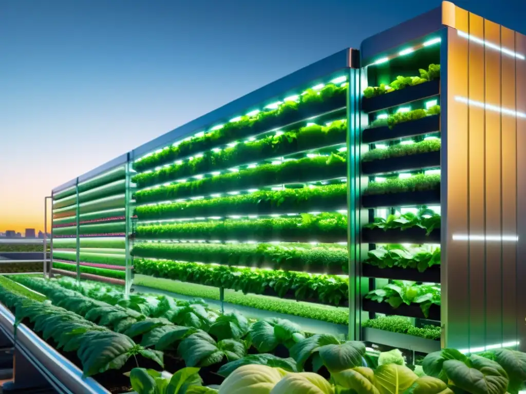 Tecnología huertos verticales agricultura urbana: impresionante granja vertical en la ciudad con exuberantes cultivos bajo luces artificiales cálidas