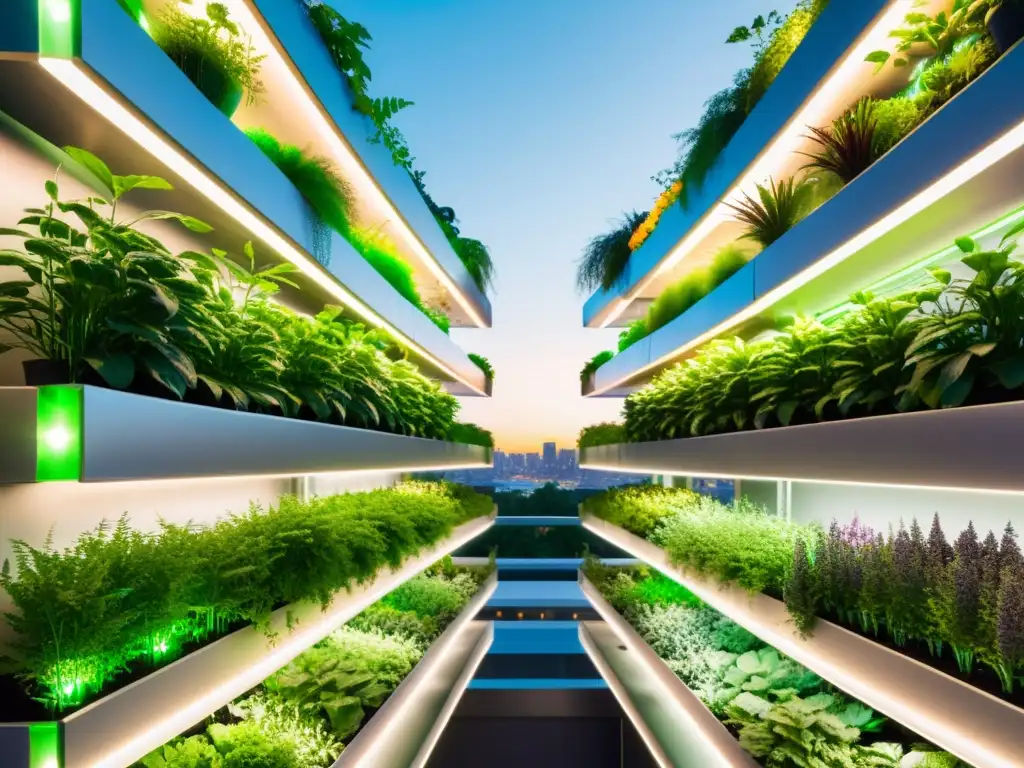 Tecnología en huertos verticales urbanos: Jardín vertical urbano con plantas exuberantes en niveles metálicos, iluminado por LED en la ciudad