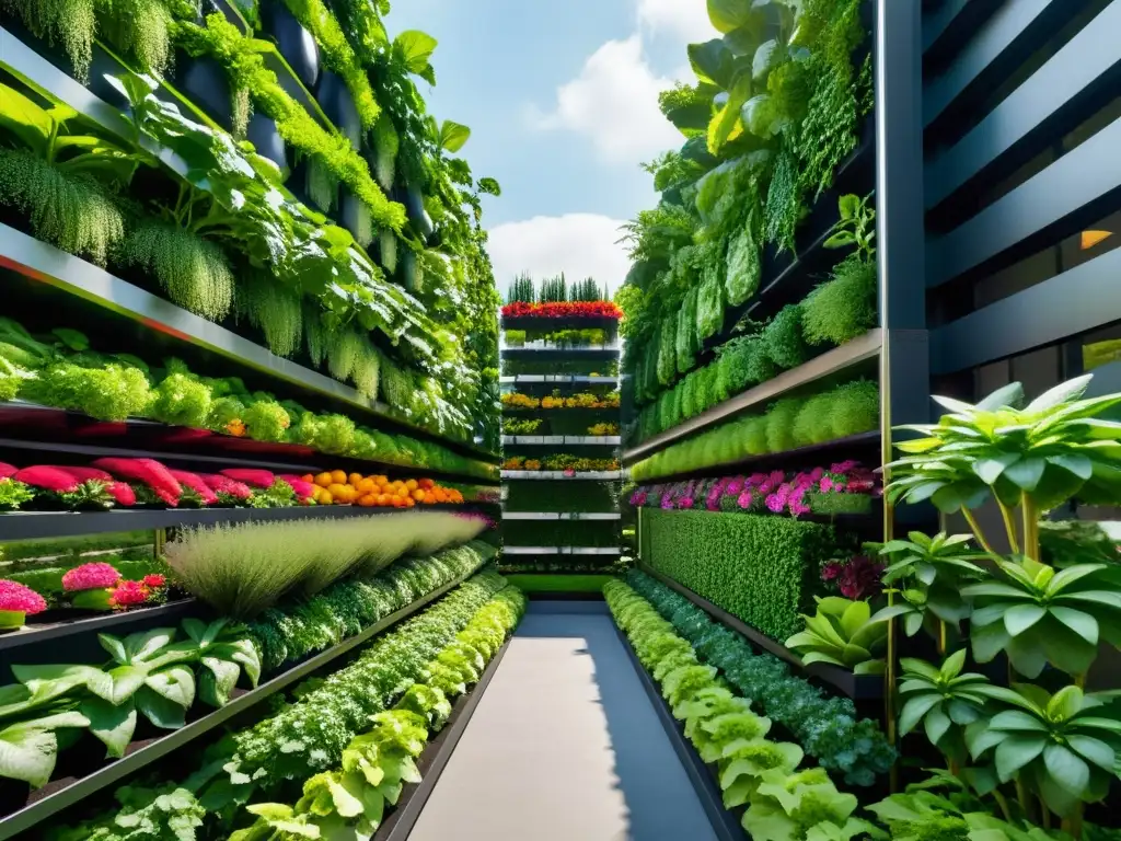 Tecnología en huertos verticales urbanos: Imagen impactante de jardín vertical 8k con vegetación exuberante, flores vibrantes y tecnología integrada