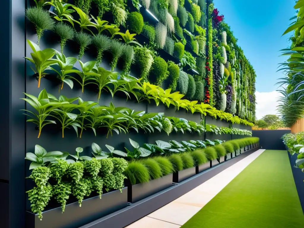 Tecnología para aumentar productividad cultivos urbanos: jardín vertical moderno con plantas vibrantes en entorno urbano