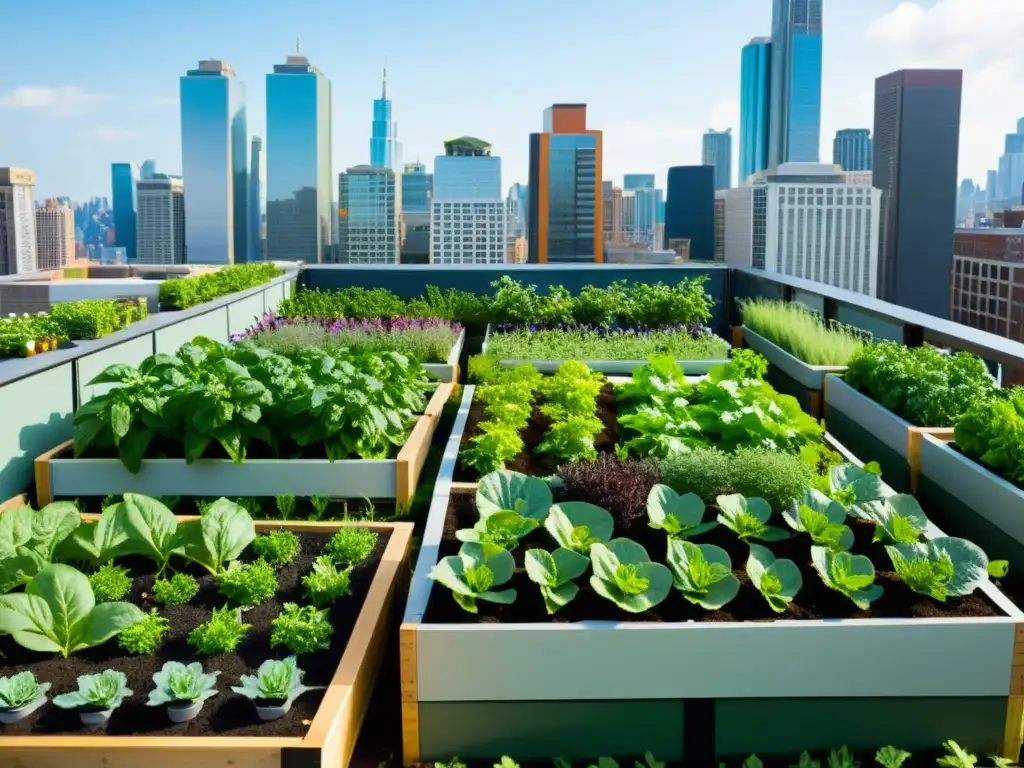 Jardín de tejado urbano con agricultura urbana sostenible, acuaponía y biodiversidad de frutas, verduras y hierbas