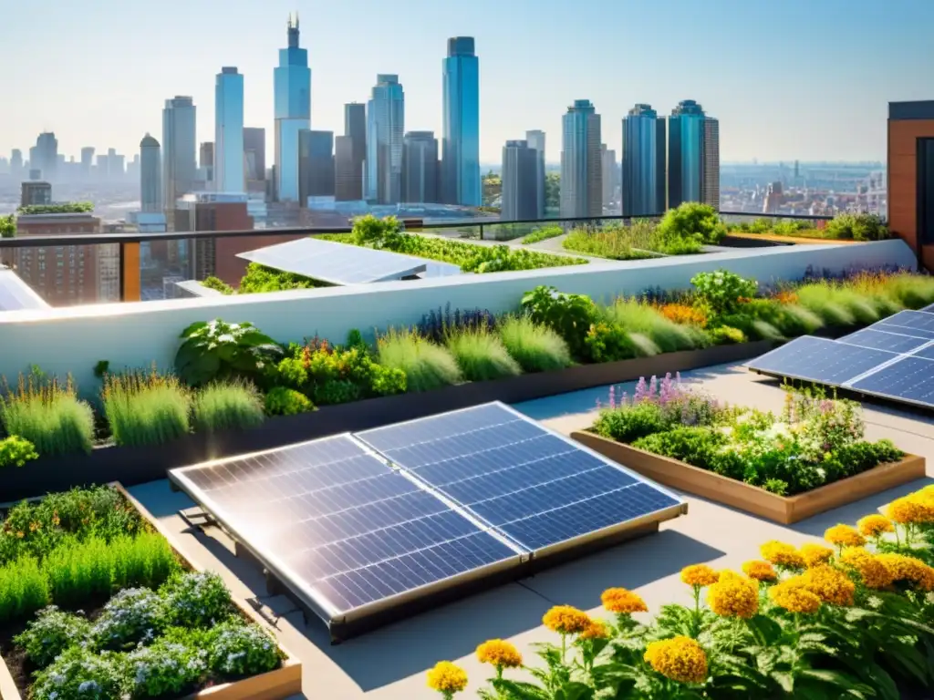 Jardín de tejado urbano con plantas verdes, paneles solares y ciudad al fondo